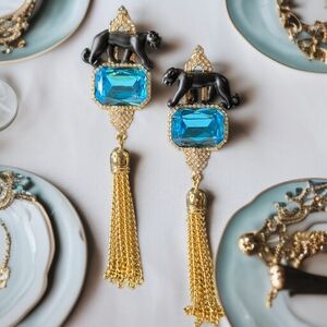 18k Gold Plated Panther Aquamarine Crystal Dangle Chain Tassel Earrings